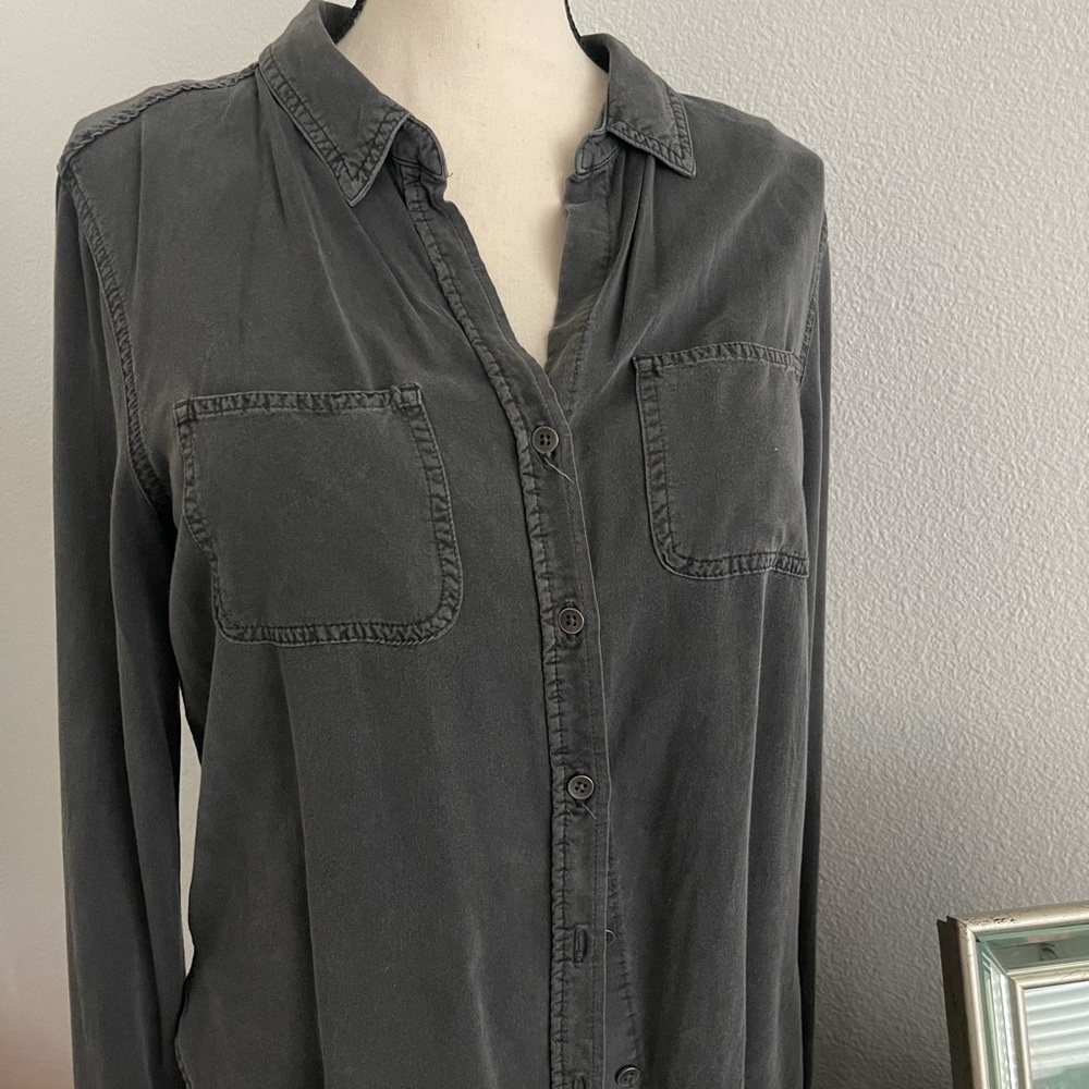 Charcoal Chambray Distressed Button-up Blouse - Picture 6 of 6